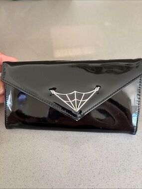 Banned Patent Black Envelope Clutch with Silver Web Detail